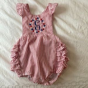 Red seersucker bubble suit. Custom embroider with G